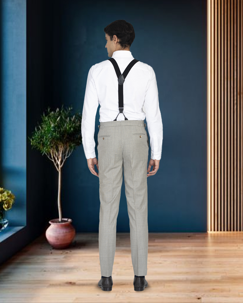 Back of model wearing the custom oxford shirt for men by Luxire in warzone white 2