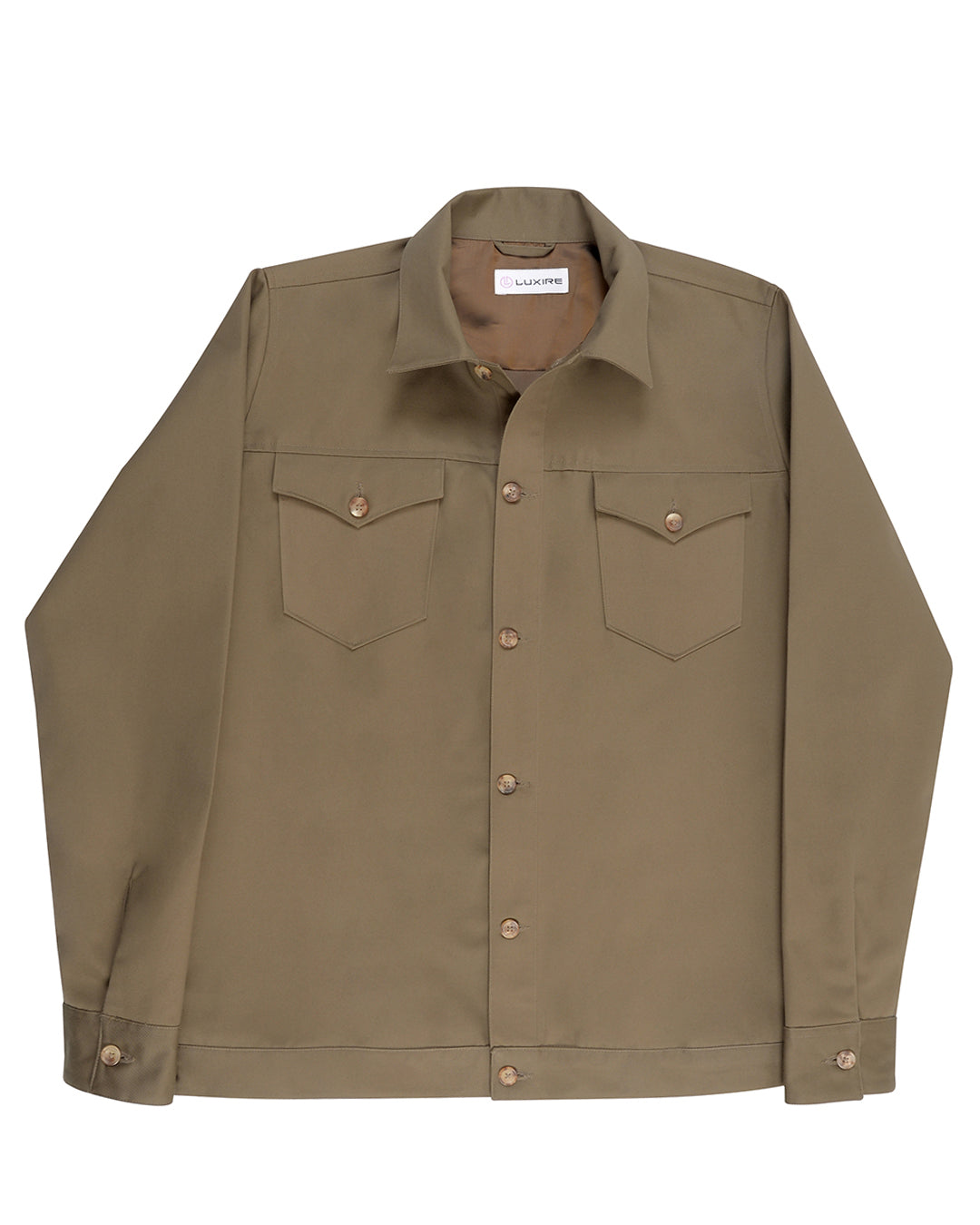 Front of the drab twill shirt jacket for men by Luxire 2