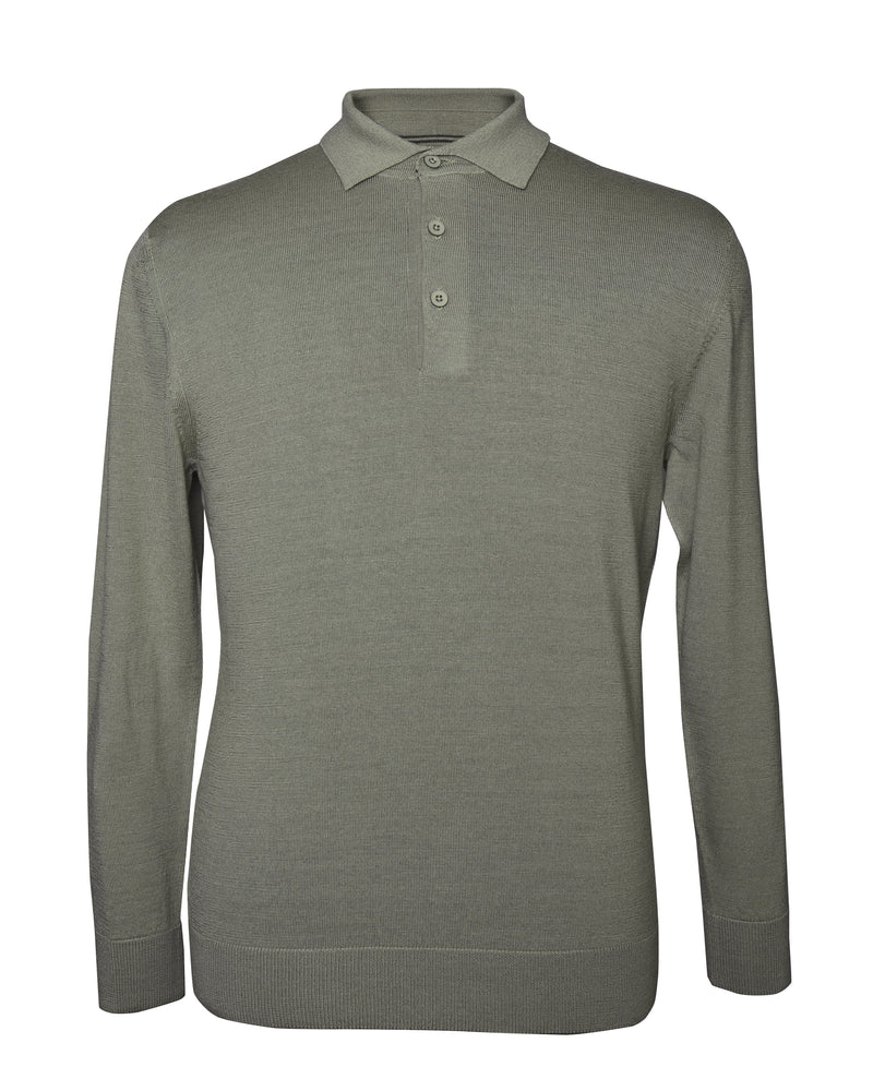 EZS Merino Wool Pale Olive Long Sleeve Polo