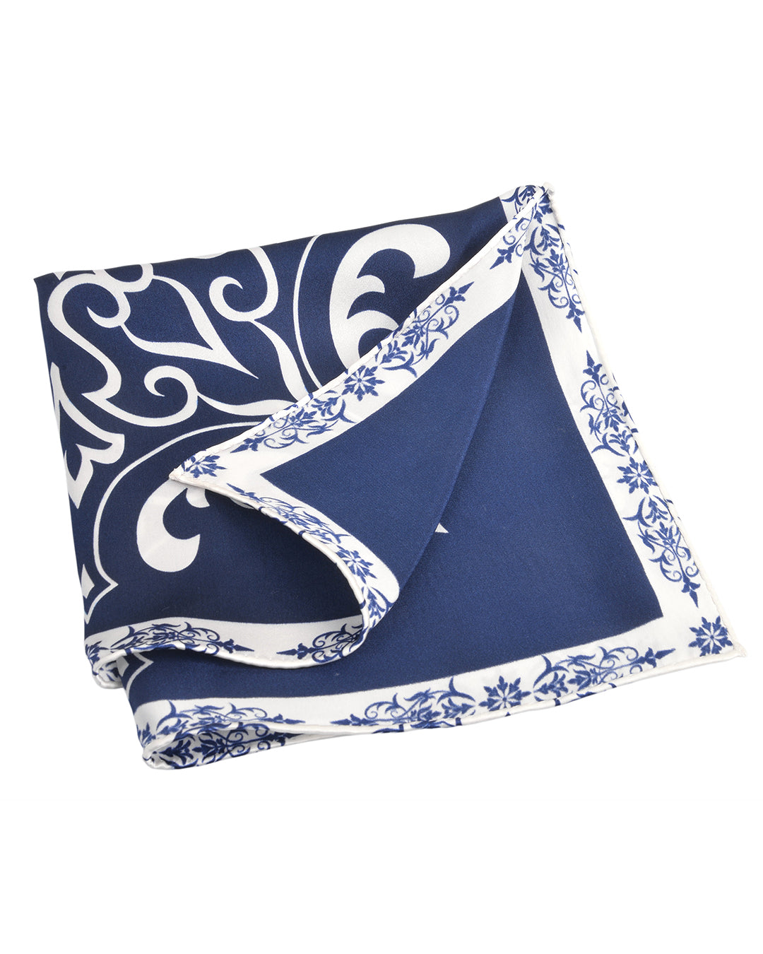 Pocket Square- White Print On Navy
