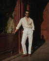 Pleated White Linen Herringbone Pant