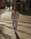 Pleated White Linen Herringbone Pant