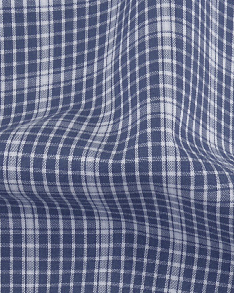 Closeup view of custom check shirts for men by Luxire dark blue and white graph
