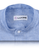 Collar of the custom linen shirt for men in white and blue stripes by Luxire Clothing