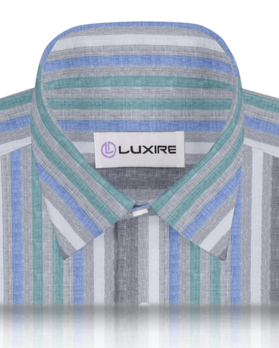 Linen: Green Blue White Tape Stripes On Grey Madras Shirt